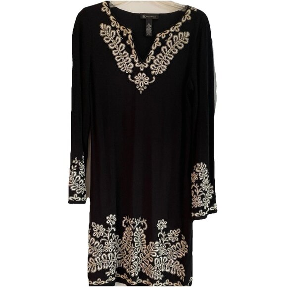 INC INTERNATIONAL CONCEPTS Black V-Neck Long Sleeve Boho Knee Length Dress Sz M - Picture 1 of 8